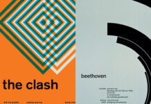 Lado a lado de dois cartazes: à esquerda, uma releitura colorida e geométrica para a banda The Clash por Mike Joyce; à direita, o cartaz clássico de Beethoven por Josef Müller-Brockmann. Representação do diálogo entre o punk e o design suíço.