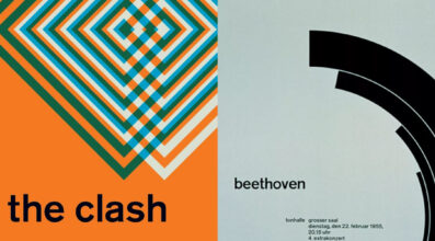 Lado a lado de dois cartazes: à esquerda, uma releitura colorida e geométrica para a banda The Clash por Mike Joyce; à direita, o cartaz clássico de Beethoven por Josef Müller-Brockmann. Representação do diálogo entre o punk e o design suíço.