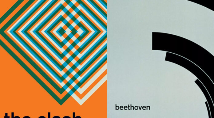 Lado a lado de dois cartazes: à esquerda, uma releitura colorida e geométrica para a banda The Clash por Mike Joyce; à direita, o cartaz clássico de Beethoven por Josef Müller-Brockmann. Representação do diálogo entre o punk e o design suíço.