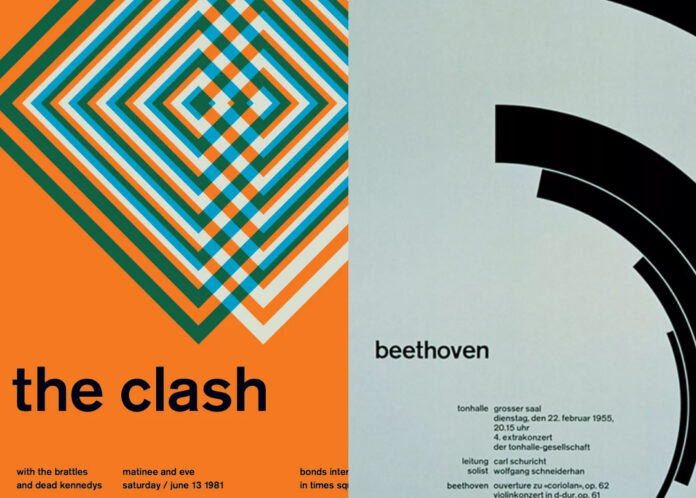 Lado a lado de dois cartazes: à esquerda, uma releitura colorida e geométrica para a banda The Clash por Mike Joyce; à direita, o cartaz clássico de Beethoven por Josef Müller-Brockmann. Representação do diálogo entre o punk e o design suíço.